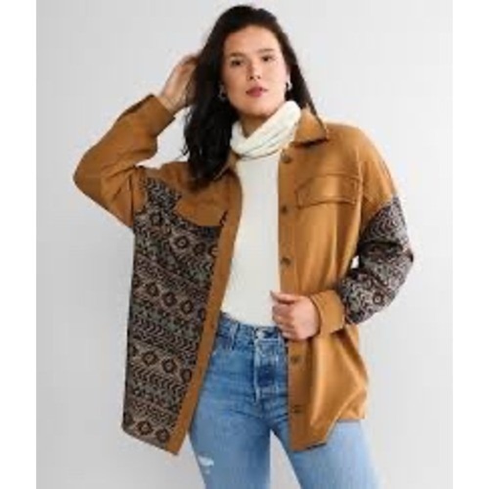 Miss Me Shacket Jacket Women's Large Tan Aztec‎ Print Button Down Long Sleeve
